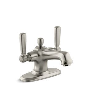Bancroft® Monoblock single-hole bathroom sink faucet with escutcheon and metal lever handles - K-10579-4-BN