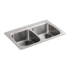 Verse 33" x 22" x 9-1/4" top-mount double-equal bowl kitchen sink with single faucet hole - K-5267-1-NA