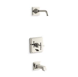 Pinstripe® Pure Rite-Temp® bath and shower trim set with push-button diverter and cross handle, less showerhead - K-T13133-3AL-SN
