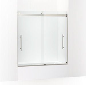 Levity® Plus Frameless sliding bath door, 61-9/16" H x 56-5/8 - 59-5/8" W, with 5/16"-thick Crystal Clear glass - K-702419-L-BNK