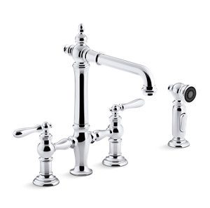 Artifacts® Two-hole bridge kitchen sink faucet with sidesprayer - K-76519-4-CP