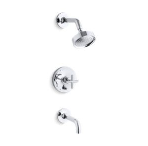 Purist® Rite-Temp® pressure-balancing bath and shower faucet trim with push-button diverter, 7-3/4" spout and cross handle, valve not included - K-T14421-3-CP