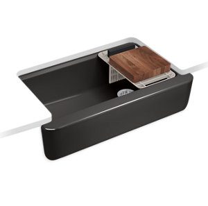 Tempered 35-5/8" x 21-5/16" x 9" undermount single-bowl farmhouse workstation kitchen sink with tall apron - K-28874-7