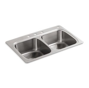 Verse 33" x 22" x 9-1/4" top-mount double-equal bowl kitchen sink with 4 faucet holes - K-5267-4-NA