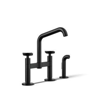 Billet Two-hole bridge kitchen sink faucet with side sprayer - K-28665-3-BL