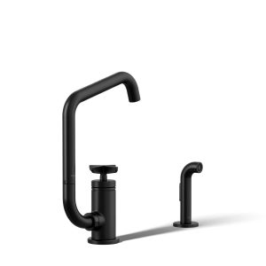 Billet Single-handle bar sink faucet with two-function extended-reach spout and side sprayer - K-28667-3-BL