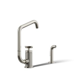 Billet Single-handle bar sink faucet with two-function extended-reach spout and side sprayer - K-28667-3-SN