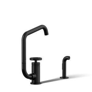 Billet Single-handle bar sink faucet with two-function extended-reach spout and side sprayer - K-28667-9-BL