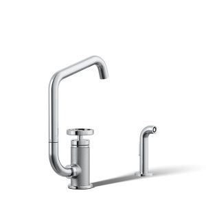 Billet Single-handle bar sink faucet with two-function extended-reach spout and side sprayer - K-28667-9-CP