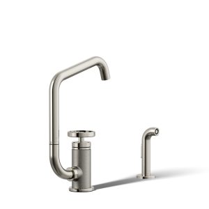 Billet Single-handle bar sink faucet with two-function extended-reach spout and side sprayer - K-28667-9-SN