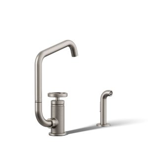 Billet Single-handle bar sink faucet with two-function extended-reach spout and side sprayer - K-28667-9-VS
