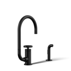 Billet Single-handle bar sink faucet with two-function extended-reach spout and side sprayer - K-28675-9-BL