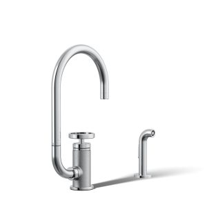 Billet Single-handle bar sink faucet with two-function extended-reach spout and side sprayer - K-28675-9-CP