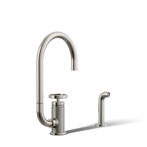 Billet Single-handle bar sink faucet with two-function extended-reach spout and side sprayer - K-28675-9-SN