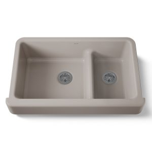 Whitehaven Smart Divide 35-1/2" undermount double-bowl farmhouse kitchen sink with short apron - K-6426-TRF