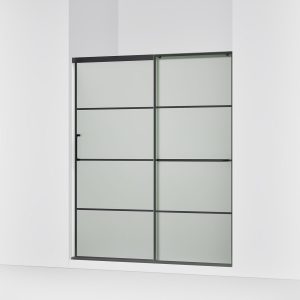Elate Sliding shower door, 70-1/2" H x 56-1/4 - 59-5/8" W, with 1/4" thick Frosted glass with rectangular grille pattern - K-707608-6G80-BL