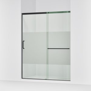 Elate Sliding shower door, 75-1/2" H x 56-1/4 - 59-5/8" W, with heavy 5/16" thick Crystal Clear glass with privacy band - K-707615-8G81-BL