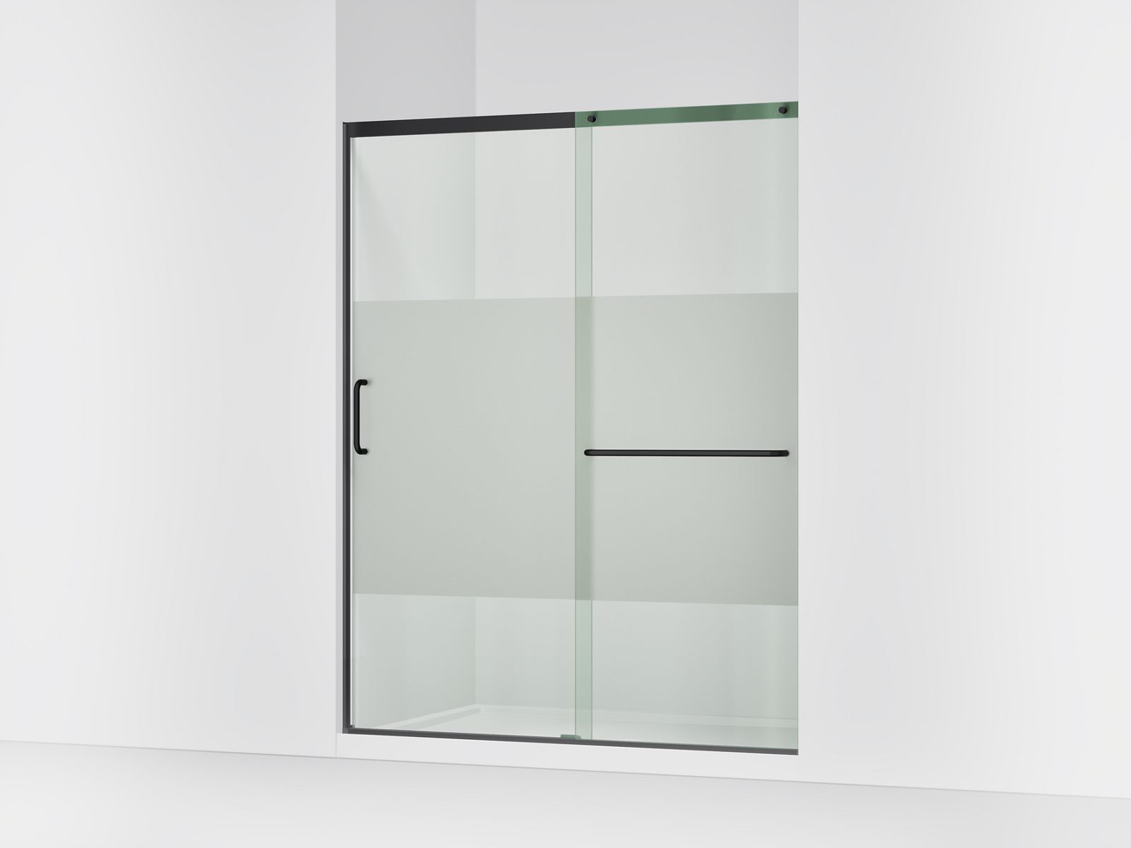 Elate Sliding shower door, 75-1/2" H x 56-1/4 - 59-5/8" W, with heavy 5/16" thick Crystal Clear glass with privacy band - K-707615-8G81-BL