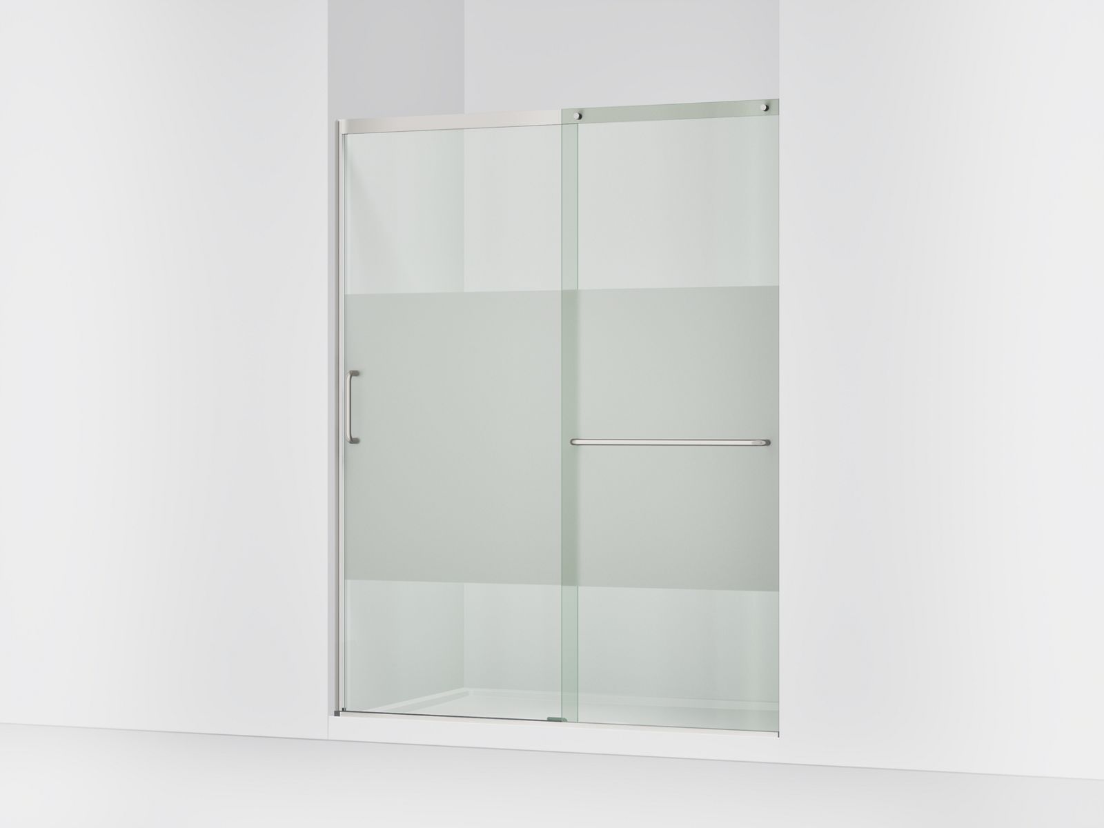 Elate Sliding shower door, 75-1/2" H x 62-1/4 - 65-5/8" W with heavy 5/16" thick Crystal Clear glass with privacy band - K-707616-8G81-MX