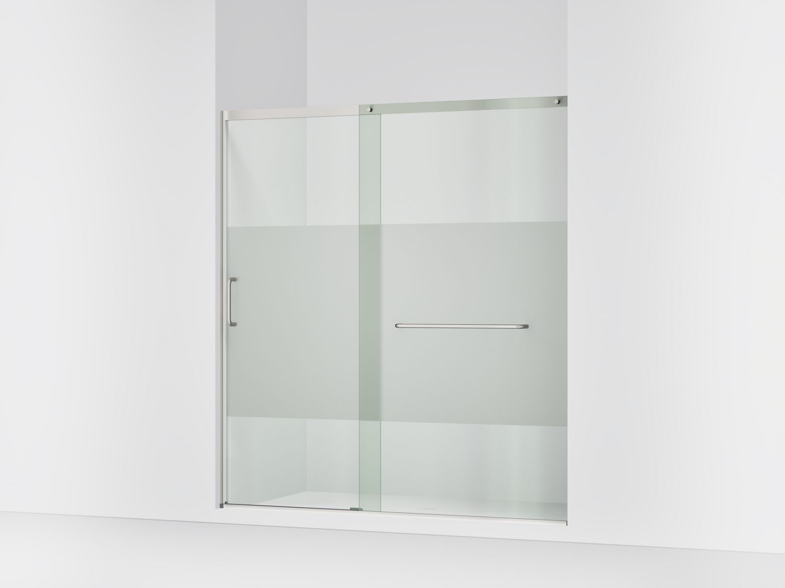 Elate Sliding shower door, 75-1/2" H x 68-1/4 - 71-5/8" W, with heavy 5/16" thick Crystal Clear glass with privacy band - K-707617-8G81-MX