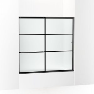 Elate Sliding bath door, 56-3/4" H x 56-1/4 - 59-5/8" W with heavy 5/16" thick Frosted glass with rectangular grille pattern - K-707618-8G80-BL
