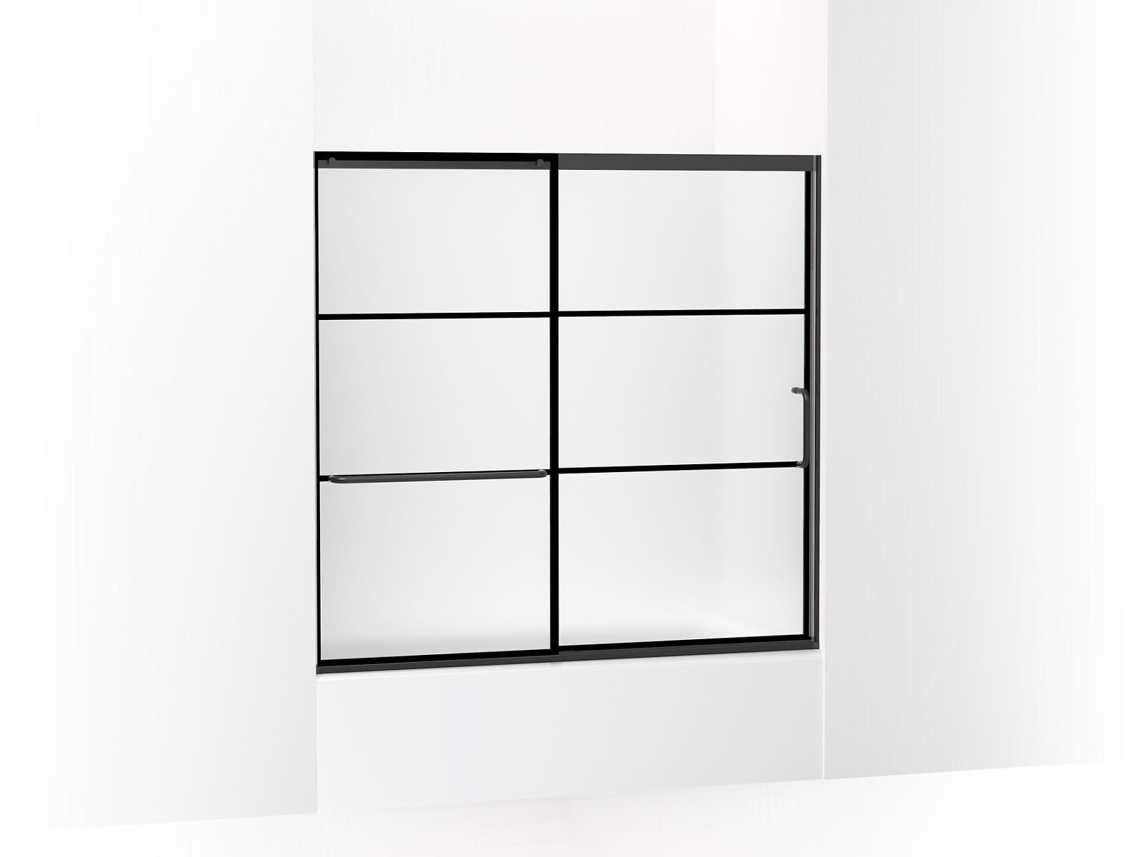 Elate Sliding bath door, 56-3/4" H x 56-1/4 - 59-5/8" W with heavy 5/16" thick Frosted glass with rectangular grille pattern - K-707618-8G80-BL