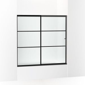 Elate Sliding bath door, 56-3/4" H x 56-1/4 - 59-5/8" W, with 1/4" thick Frosted glass with rectangular grille pattern - K-707609-6G80-BL