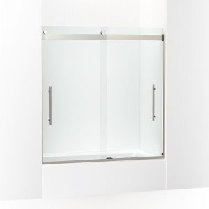 Levity Plus Frameless sliding bath door, 61-9/16" H x 56-5/8 - 59-5/8" W, with 5/16"-thick Crystal Clear glass - K-702419-L-BNK