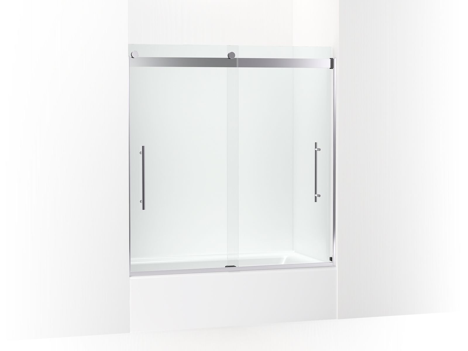 Levity Plus Frameless sliding bath door, 61-9/16" H x 56-5/8 - 59-5/8" W, with 3/8"-thick Crystal Clear glass - K-702425-L-SHP