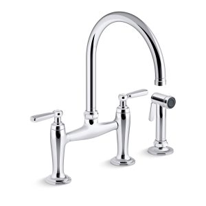 Edalyn by Studio McGee Two-hole bridge kitchen sink faucet with side sprayer - K-28356-CP