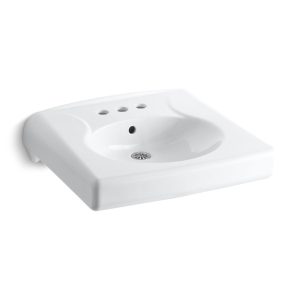 Brenham Wall-mount or concealed carrier arm mount commercial bathroom sink with 4" centerset faucet holes, antimicrobial finish - K-1997-SS4-0