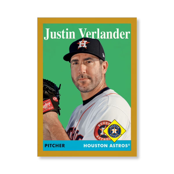 Justin Verlander 2019 Archives Baseball 1958 Topps Poster Gold Ed. # to 1- artbble-pos-19tabb-1070-gold-s