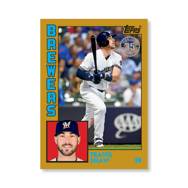 2019 Topps Series 1 Baseball Travis Shaw 1984 Topps Baseball Poster - #'d to 1- artbble-pos-19tbb1-2647-gold-s