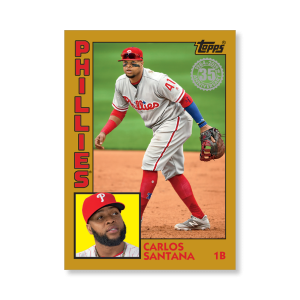 2019 Topps Series 1 Baseball Carlos Santana 1984 Topps Baseball Poster - #'d to 1- artbble-pos-19tbb1-2669-gold-s