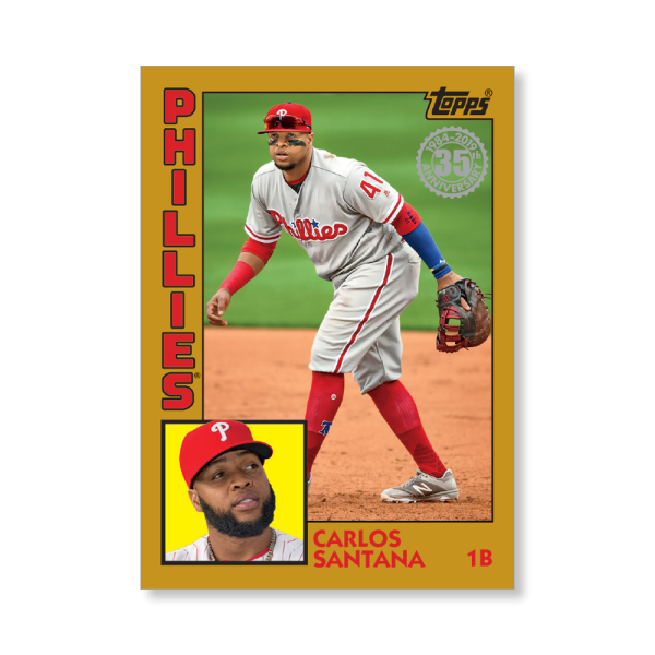 2019 Topps Series 1 Baseball Carlos Santana 1984 Topps Baseball Poster - #'d to 1- artbble-pos-19tbb1-2669-gold-s
