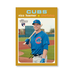 Nico Hoerner 2020 Topps Heritage Baseball Base Card Action Image Variation Poster Gold Ed. # to 1- artbble-pos-20thbb-2153-gold-s