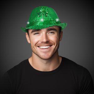 LED Green Shamrock Sequin Fedora Hats by Windy City Novelties- HAT680DZ