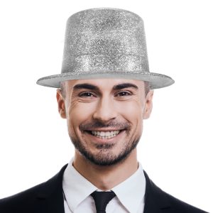 Silver Glitter Top Hat by Windy City Novelties- HAT471EA