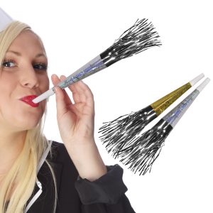 Silver & Gold 8" Fringed Party Horns - 12 Pack by Windy City Novelties- PAR023DZ
