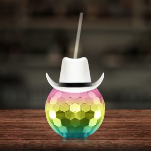White Cowboy Hat Rainbow Disco Ball Cup with Straw by Windy City Novelties- NOV800CWEA