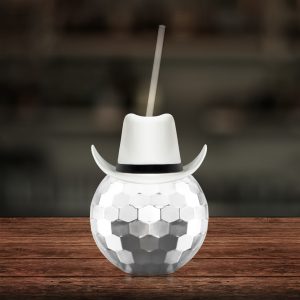 White Cowboy Hat Silver Disco Ball Cup with Straw by Windy City Novelties- NOV801CWEA