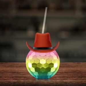 Brown Cowboy Hat Rainbow Disco Ball Cup with Straw by Windy City Novelties- NOV800CBEA
