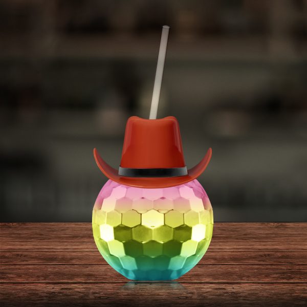 Brown Cowboy Hat Rainbow Disco Ball Cup with Straw by Windy City Novelties- NOV800CBEA