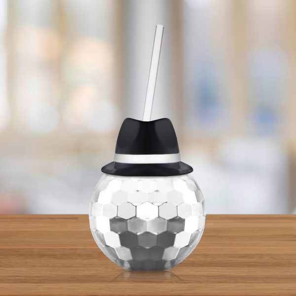 Black Fedora Hat Silver Disco Ball Cup with Straw by Windy City Novelties- NOV801FBEA