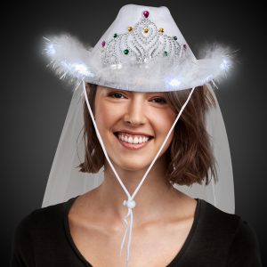 LED White Cowboy Hat with Tiara and Veil by Windy City Novelties- HAT537EA